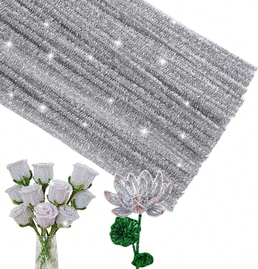 ZXIIXZ 100 Pcs Pipe Cleaners, Glitter Pipe Cleaners Craft Supplies, Creative Craft Pipe Cleaners Bulk For Art DIY Crafts Decorations/Glitter Silver - Colors - View 1