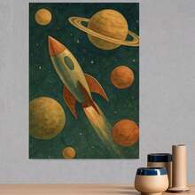 Póster espacial medieval vintage plano 2D, 1 pieza sin marco - Impresión retro de cohete y planetas para imprimir, adecuado para decoración del hogar y oficina, gótico francés, adecuado para primavera y verano, arte de pared para cocina, baño, dormitorio universitario, pintura en lienzo para - Enmarcado - Ver 3