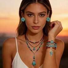 8pcs Set Women's Retro Turquoise Pendant Necklace Earrings Bracelet Set,Layered Necklace Artificial Leather Wristband Country Music Cowboy Accessories - Baby Blue - View 8