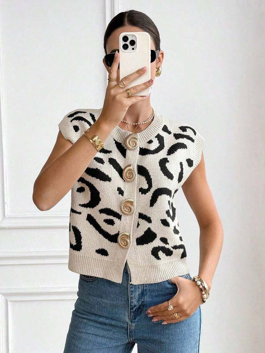 Chaleco de punto francés para mujer, estampado de leopardo, botones dorados, sin mangas, ideal para primavera/verano - Multicolor - Ver 1