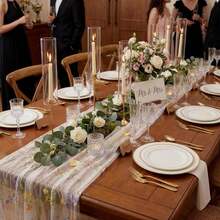 1pc French Retro Floral Embroidered Lace Table Runner, Chiffon Ruched Fabric Dessert Table Decor, Wedding Birthday Atmosphere Tablecloth - Multicolor - View 7