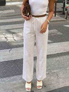Unadoll Women's Summer Casual White Linen Wide-Leg Pants, Drawstring Elastic Waist Loose Trousers Suitable For Vacation And Daily Wear Spring - White - View 5