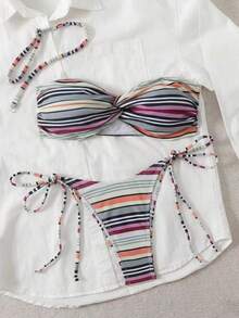 Nuevo bikini sexy con estampado de rayas, con tirantes desmontables/sin tirantes (para mujer), adecuado para la playa, fiesta en la piscina, vacaciones de verano - Multicolor - Ver 2