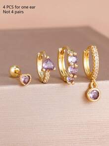 Bộ 4 khuyên tai hình trái tim mạ vàng 18K thời trang đính đá Zirconia tím, kiểu dáng đơn giản, chất liệu thép không gỉ, dành cho nữ, trang sức tối giản. - 1-Vàng-4 CÁI - Xem 5