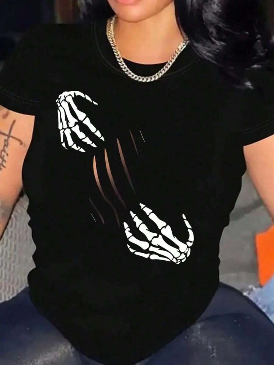 Camiseta de cuello redondo con estampado de calavera, top de manga corta casual para primavera y verano, ropa de mujer 1 Sexy Casual Dulce Fiesta Elegante Alta elasticidad Playa Noche de fiesta Vacaciones Boda Deportivo Oficina Casa verano - Negro - Ver 1