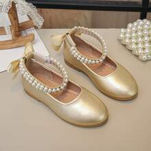 1 Pasang Sepatu Flat Anak Perempuan dengan Gesper Mutiara dan Tali Pergelangan Kaki, Kain Berlapis Halus, Ujung Bulat Anti Slip, Sepatu Putri untuk Pernikahan dan Acara Formal - Sampanye - View 13