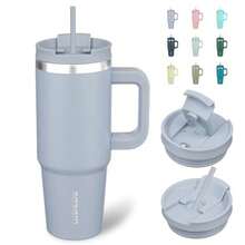 BJPKPK - Vaso con asa de acero inoxidable aislado de 30 onzas con tapa y popote para agua o café helado, color - Azul moderno - Ver 8