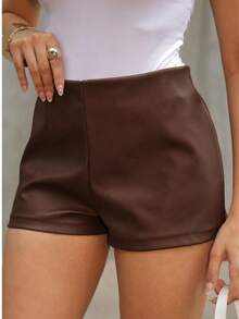 Women's Leather Mini Shorts With Side Zipper, Gringa Style - 鏽棕色 - 查看 2