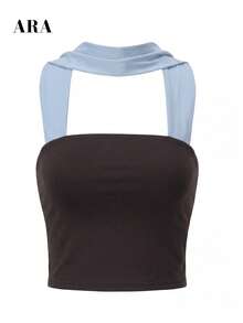 ARA CHIC Women's Colorblock French Style Open Shoulder Halter Neck Cropped Inner Top, Exquisite Backless Slim Fit Sleeveless Top, Suitable For Date And Vacation - Brown - View 7
