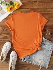 Camiseta de mujer de verano con mangas cortas, diseño impreso simple y cuello redondo - Naranja - Ver 2