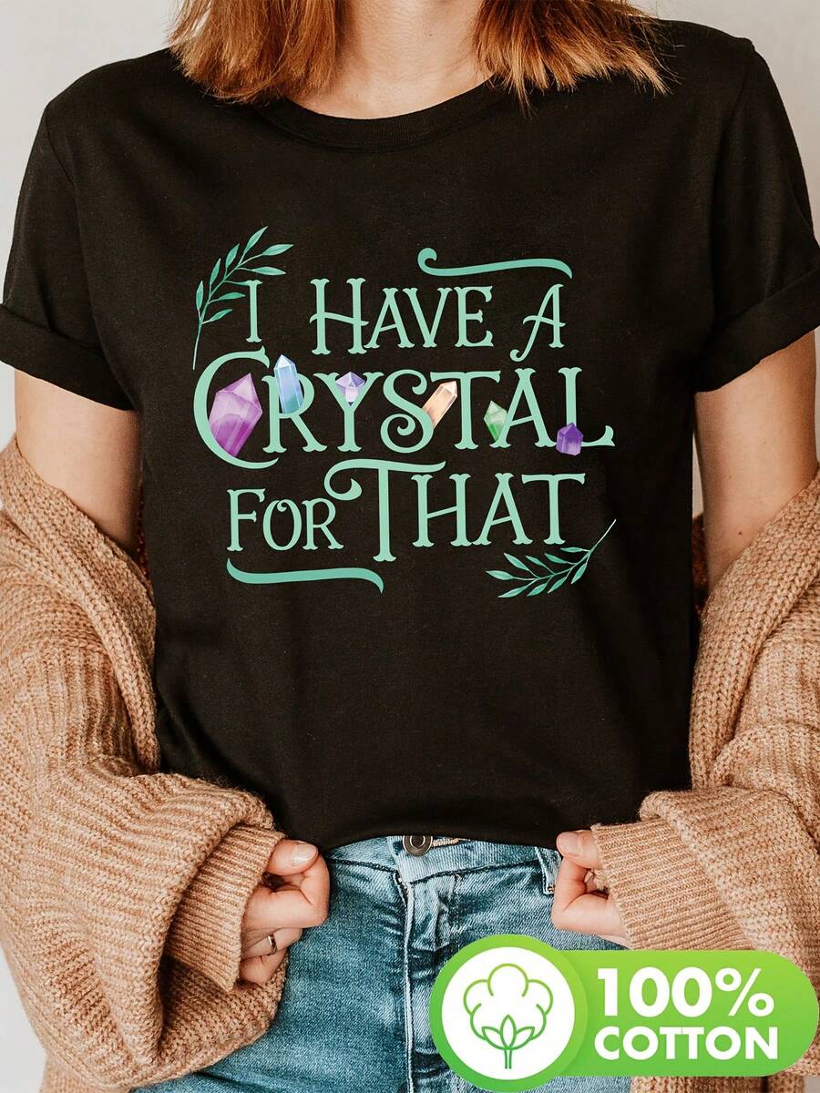 Modern T-Shirt 2026Y-Green With Crystal Magic Phrase Print And Chakra Energy Therapy, Short Sleeve, Round Neck, Casual Top For Summer And Spring, Women's Clothing T-Shirt. - 黑色 - 查看 1