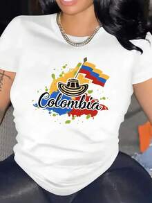 Damsportkläder med kortärmad t-shirt och elegant rund halsringning för Colombias självständighetsdag. - Vitt - Visa 3