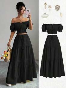 Conjunto de dos piezas para mujer color amarillo claro sólido, top corto de hombros descubiertos con mangas abullonadas y lazo, falda larga tipo A con detalles de encaje y cordón, estilo elegante, juvenil y versátil, ideal para primavera, verano, vacaciones, eventos, salidas y uso diario - Negro - Ver 4