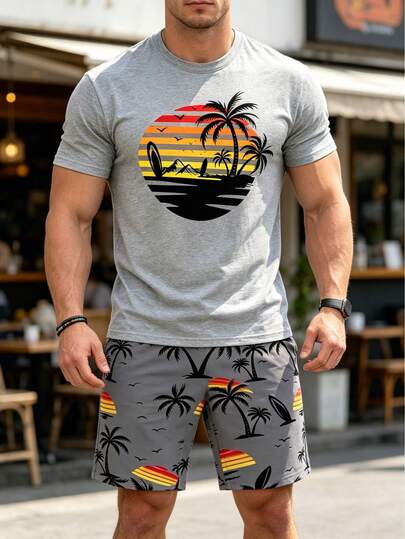Summer Vacation Sunset Palm Tree Print Men's Set, Grey Short Sleeve Shorts 2-Piece, Loose Breathable Beach Casual Outfit