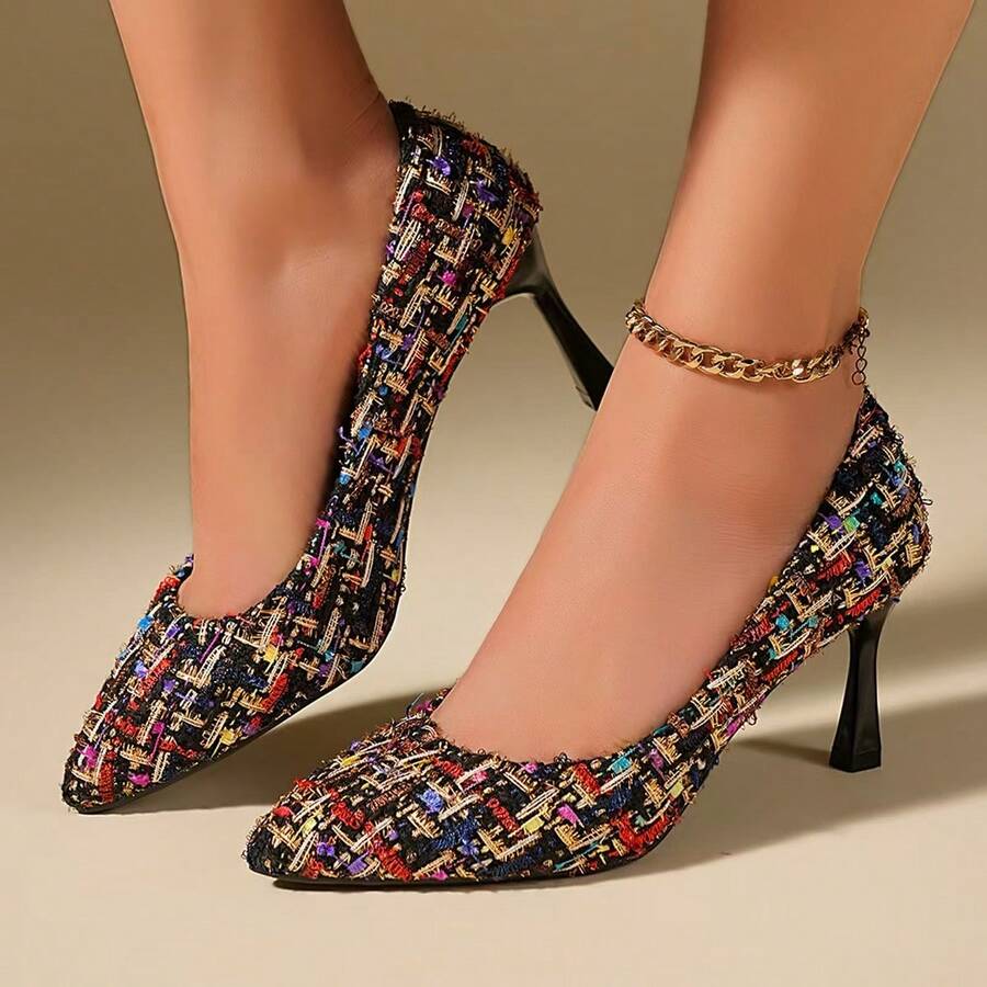 2026 New Retro Multi-Color Blended Tweed High Heels, Elegant Lady-Like Pointed Toe Stilettos - Multicolor - View 1