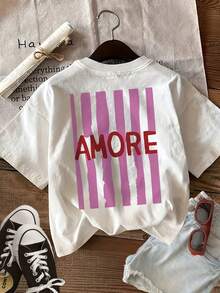 Women's Summer Casual Tops With Double Side Print, Minimalist Striped LOVE Print, Crew Neck, Short Sleeve, Size L - T-Shirt Damen - White - View 3