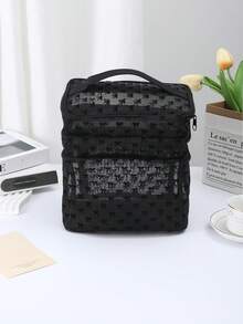 Black Minimalist Fashion Mesh Bow Pattern, Large Capacity Multi-Function 3-Layer Makeup Bag, Single Handle Multi-Pocket Convenient Design, Foldable Storage Bag, Partitioned Storage - Black - View 2