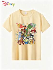 Disney Niño brillante (impresión doble cara): Toy Story Woody, Buzz Lightyear, Trish, Niño de tres ojos, Springbok, Sr. Potato, Niña pastora bebé, Estampado de dibujos animados temáticos, Camiseta de manga corta casual y sencilla, Adecuada para primavera y verano, Adecuada para niños y niñas. Regalo de festival - Albaricoque - Ver 2