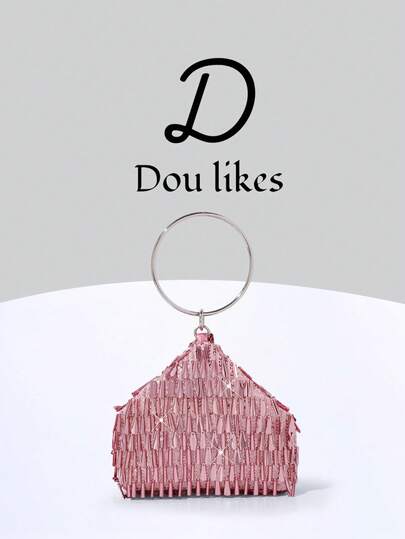 Peach Pink Tassel Round Evening Bag, Fully Adorned With Exquisite 3D Tassels That Sway Gracefully With Every Step, Accented With Sparkling Rhinestones, Elegant And Radiant; Signature Large Round Handle Design, Minimalist And Chic, Comfortable To Hold, Combining Stylish Aesthetics And Practicality. Suitable For Formal Occasions Such As Evenings, Weddings, Parties, And Galas. Pair With Gowns And Dresses To Easily Create A Sweet And Luxurious Look.