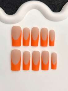 10pcs Y2K Luxury Semi-Handmade Medium Square Orange French Nail Tips, Thick Style, Includes 1 Jelly Glue And 1 Nail File, Suitable For Women And Girls Daily, Party, Gathering Nail Art Supplies Nails - Coral Orange - View 4