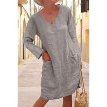 Big-Size Elegant Casual Loose Homey Laid-Back Style Pocket Long-Sleeved Dress V-Neck Dress For Women, Simple And Versatile Comfortable Mid-Length Dress, Suitable For Commuting, Shopping, Daily Outings, Office, Parties, Home Relaxation, And Travel Vacation. - Xám - Xem 2