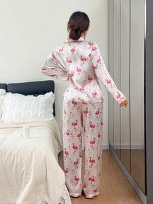 Dreamivo 女士休闲火烈鸟印花翻领长袖睡衣套装 - 白色 - 查看 2