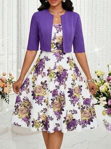 Lady Conjunto de 2 piezas de verano con top corto de unicolor elegante y vestido con estampado floral para mujer - Agua verde azul - Ver 5