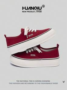 HUANQIU Tênis feminino casual estilo 2026, tênis feminino com sola grossa, tênis de lona vermelha, tênis confortáveis e respiráveis, aumento de altura de 3 cm, versátil, leve, confortável, tênis de festa com sola macia e cadarço, adequado para mulheres de estatura baixa, estilo casual esportivo, tênis de corrida para todas as estações. - Vermelho - Ver 2