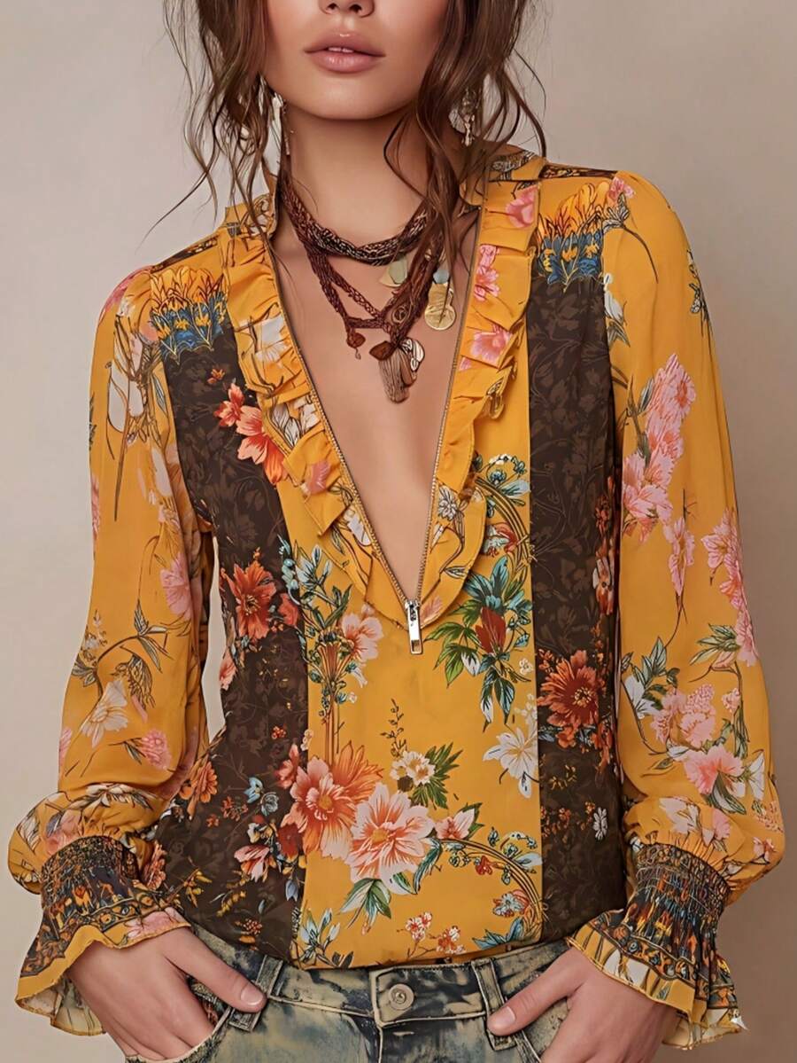 Blusa con estampado floral, bloque de color, cremallera media y mangas con volantes para mujer, ideal para vacaciones - Amarillo - Ver 1