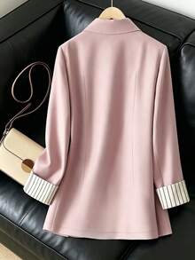 Women's Cuff Striped Patchwork One Button Regular Blazer Casual Pink Spring - Pink - View 2