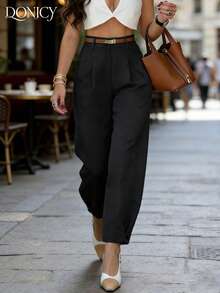 Women's Solid Cream Wide-Leg Pants, Elegant Pleated Fabric For Office & Casual Wear, Spring/Summer - Black - View 7