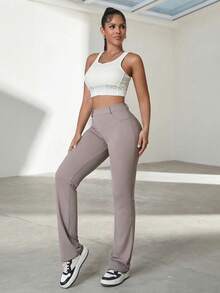Y2K Style High Stretch Fitted Yoga Pants With Diagonal Pockets, Minimalist Comfortable, High Quality, Suitable For Daily Casual, Running, Workout, Office Wear And Other Occasions For Women In Autumn - Light Brown - View 5