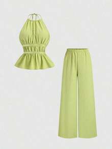 Conjunto de dos piezas para mujer estilo francés elegante color café, top halter de escote alto con tirantes finos, cintura fruncida y dobladillo peplum, combinado con pantalones anchos holgados de cintura elástica, tejido texturizado fresco y cómodo, ideal para uso diario, brunch, citas, salidas casuales, vacaciones y looks sofisticados de primavera y verano - Verde - Ver 12