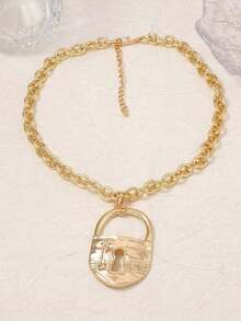 1pc Vintage Personalized Casual Fashion Distressed Gold Lock Embossed Design Thick Chain Necklace, Elegant Necklace Accessory For Women - vòng cổ hình ổ khóa - Xem 3