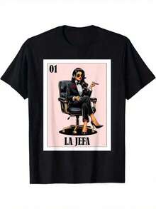 Women's Graphic T-Shirt, Short Sleeve, Round Neck, Casual, Comfortable, Cool, Lightweight, Modern, Youthful, Regular Fit, Mexican Lottery Letter Print, "La Jefa" K44H - 黑色 - 查看 6