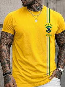 Men's T-Shirt, Brazil 3 Stripe Blouse, Summer Short Sleeve Shirt, Premium Cotton - Màu vàng - Xem 1