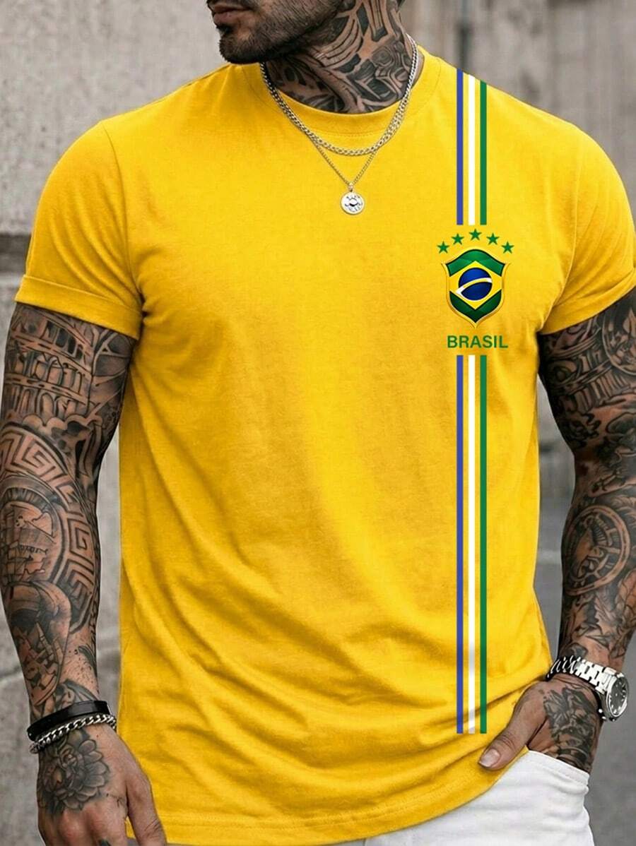 Men's T-Shirt, Brazil 3 Stripe Blouse, Summer Short Sleeve Shirt, Premium Cotton - Màu vàng - Xem 1