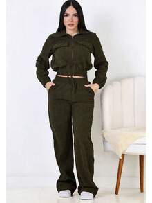 Women's Corduroy Velvet Set With Jacket And Pants - Comfort And Style - màu xanh lá - Xem 1
