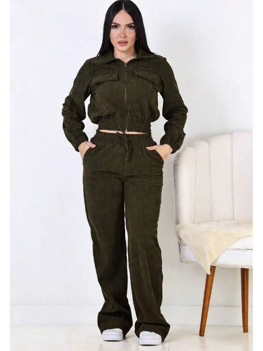 Women's Corduroy Velvet Set With Jacket And Pants - Comfort And Style - màu xanh lá - Xem 1