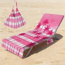 1pc Pink Palm Tree Print Ultra-Soft Fiber Beach Chair Cover, With Pocket, Lightweight & Breathable, Ideal For Travel & Beach Vacation, Pool Essential | Summer Style | Portable Beach Set, Beach Towel - E - View 4