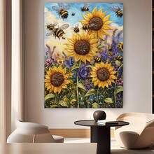 Enmarcado [2D Plano] 1 pieza de lienzo decorativo de girasoles y abejas con marco de pino - 11.8 x 15.7 pulgadas. Pintura moderna de estilo rústico, vibrantes girasoles amarillos y abejas en el cielo. Decoración duradera con marco para sala de estar, cocina, oficina o dormitorio. Decoración del hogar con temática de naturaleza. - Enmarcado - Ver 6