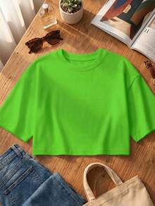 2 piezas Camiseta de manga corta y cuello redondo holgada y corta para mujer, adecuada para uso en primavera/verano, estilo casual/minimalista/elegante/sexy/streetwear/Y2K, apta para oficina - Fruta verde - Ver 2