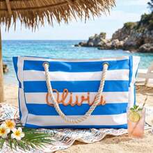 1pc Personalized Striped Beach Tote Bag - Custom Oversized Canvas Travel Bag With Rope Handles, Waterproof & Spacious For Vacation, Pool, Gym - Custom Name Embroidered Tote For Women - Multicolor - View 3