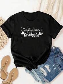 Simple Casual Short Sleeve Sports T-Shirt With Round Neck And Letter Print For Graduation Celebration, Fashionable For Men And Women, Comfortable Summer Top For Vacation And Daily Wear - 黑色 - 查看 7