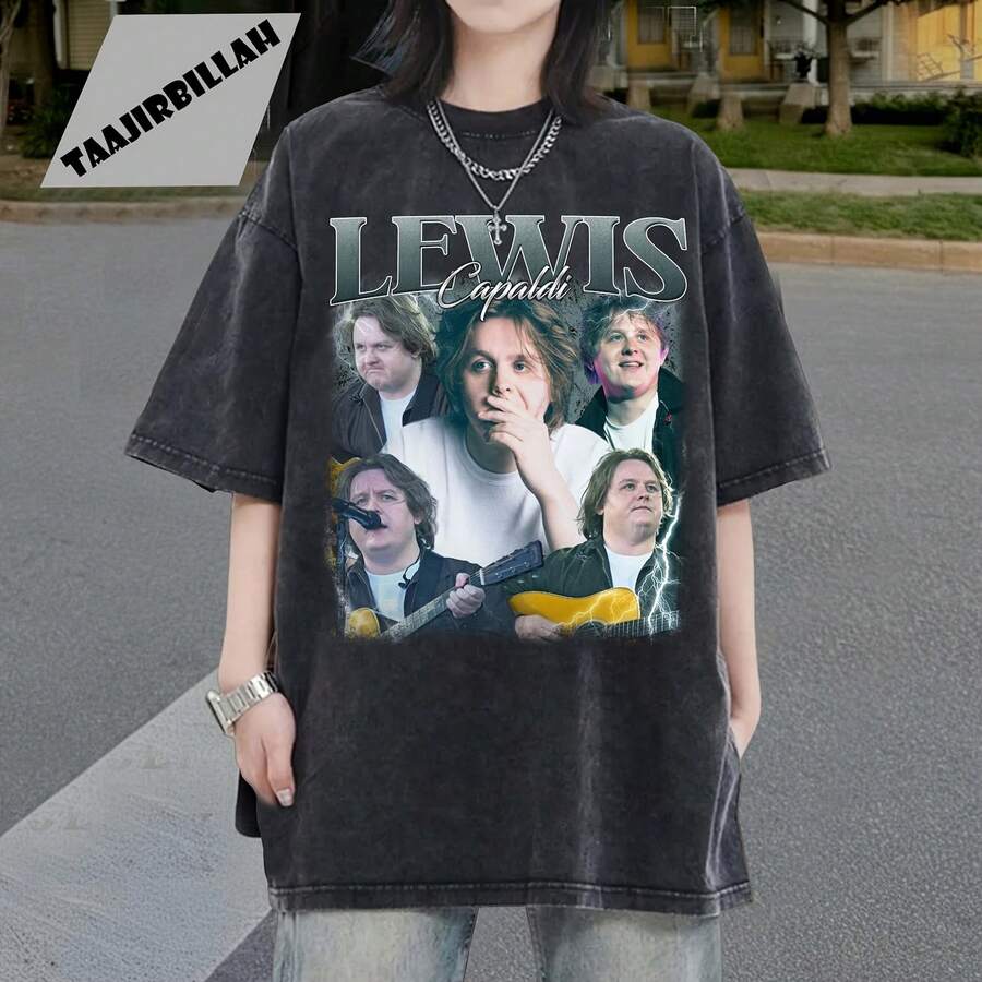 Washed T-Shirt Vintage Style Lewis Capaldi T-Shirt, Pop Star Fan Merch - Black - View 1