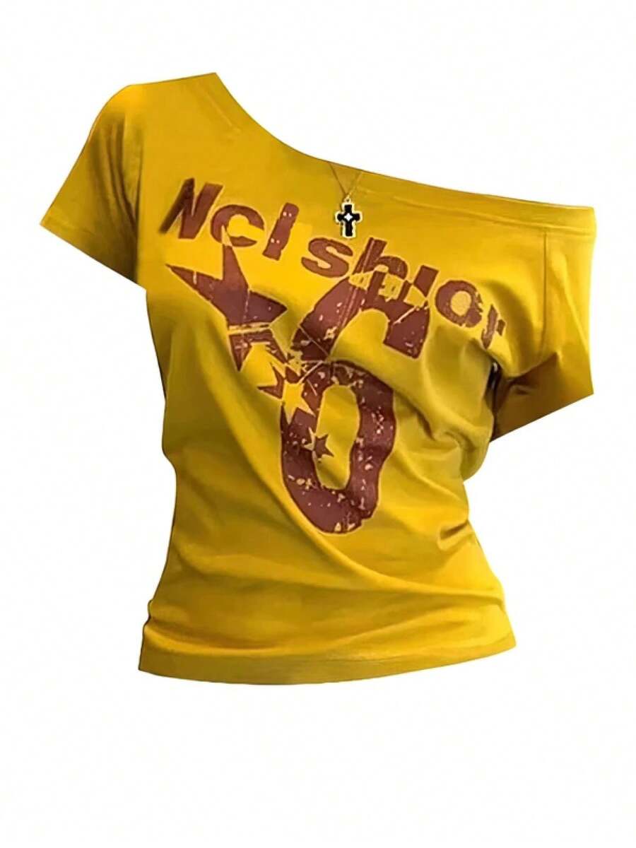 Y2k-Top deportivo con hombros descubiertos para mujer, camiseta Sexy Vintage de manga corta de los años 2000, Top corto básico informal para mujer - Amarillo - Ver 1