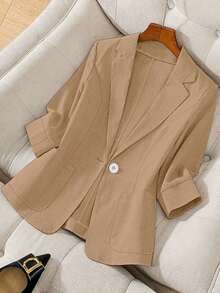 Blazer ligero de verano con cuello de contraste, uso casual/laboral, de 3/4 de manga para mujer - Caqui - Ver 1