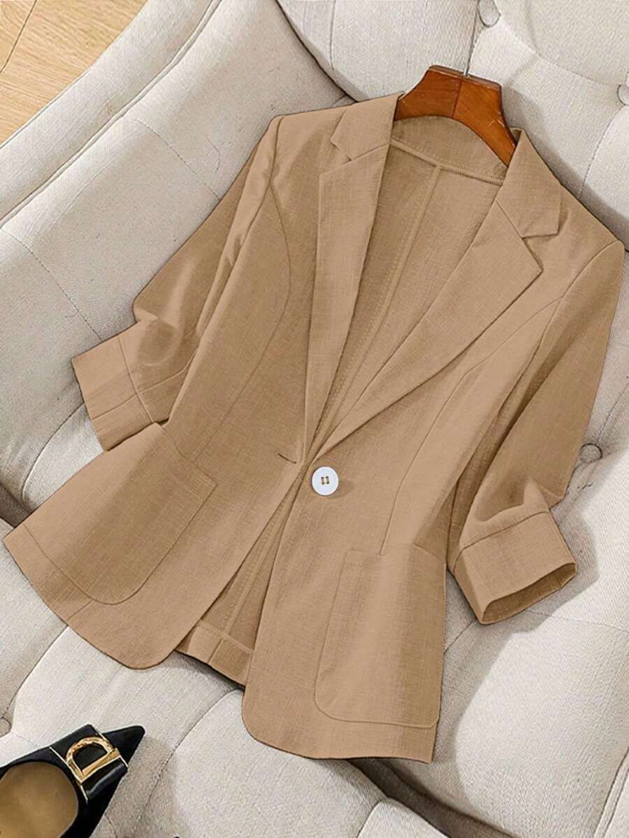 Blazer ligero de verano con cuello de contraste, uso casual/laboral, de 3/4 de manga para mujer - Caqui - Ver 1