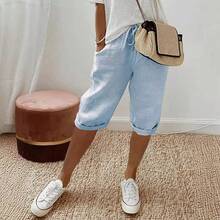 Pantalones casuales de algodón y lino con bolsillos elásticos para mujer, estilo europeo y americano, novedad de verano, pantalones de cinco cuartos. - L - Ver 6
