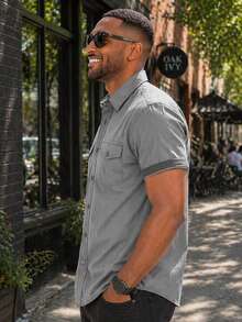 Mens Short Sleeve Western Two Pocket Button Up Shirt - 灰色 - 查看 2